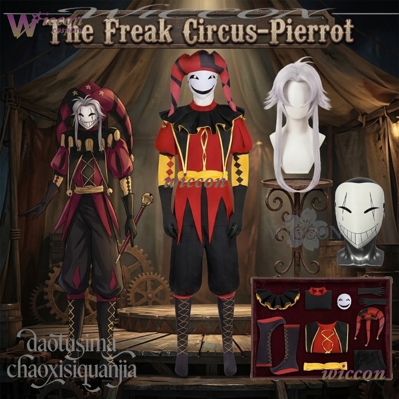 Black Face Mask Pack - ชุดคอสเพลย์ตัวตลกพีโรต์จากเกม Freakak Game Circusus สีแดงดำ ชุดยูนิฟอร์มตัวตลกสยองขวัญ